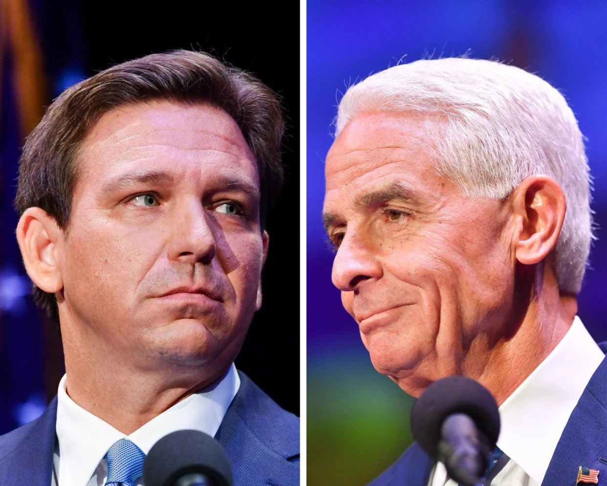 Incumbent Florida Gov. Ron DeSantis (left), R, and former Gov. Charlie Crist, D, are pictured during a gubernatorial debate at the Sunrise Theatre in Fort Pierce, Fla., on Monday, Oct. 24, 2022.