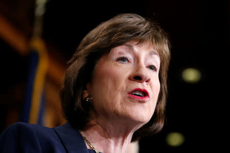 Senator Susan Collins (R-ME) speaks about the Senate Intelligence Committee findings and recommendations on threats to election infrastructure on Capitol Hill in Washington, U.S., March 20, 2018. REUTERS/Joshua Roberts