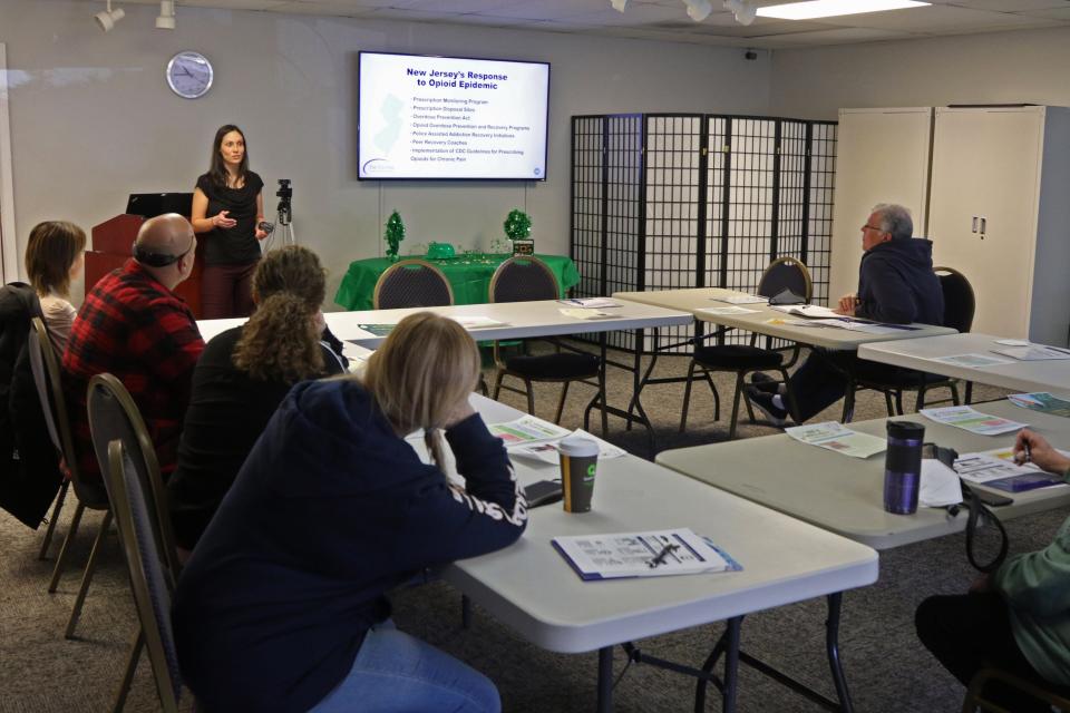 Katie Walker, a recovery specialist supervisor for the Center for Prevention and Counseling conducts the opening of a free monthly training class on administering Narcan to reduce the effects of an opioid overdose in Newton, NJ on March 4, 2022.