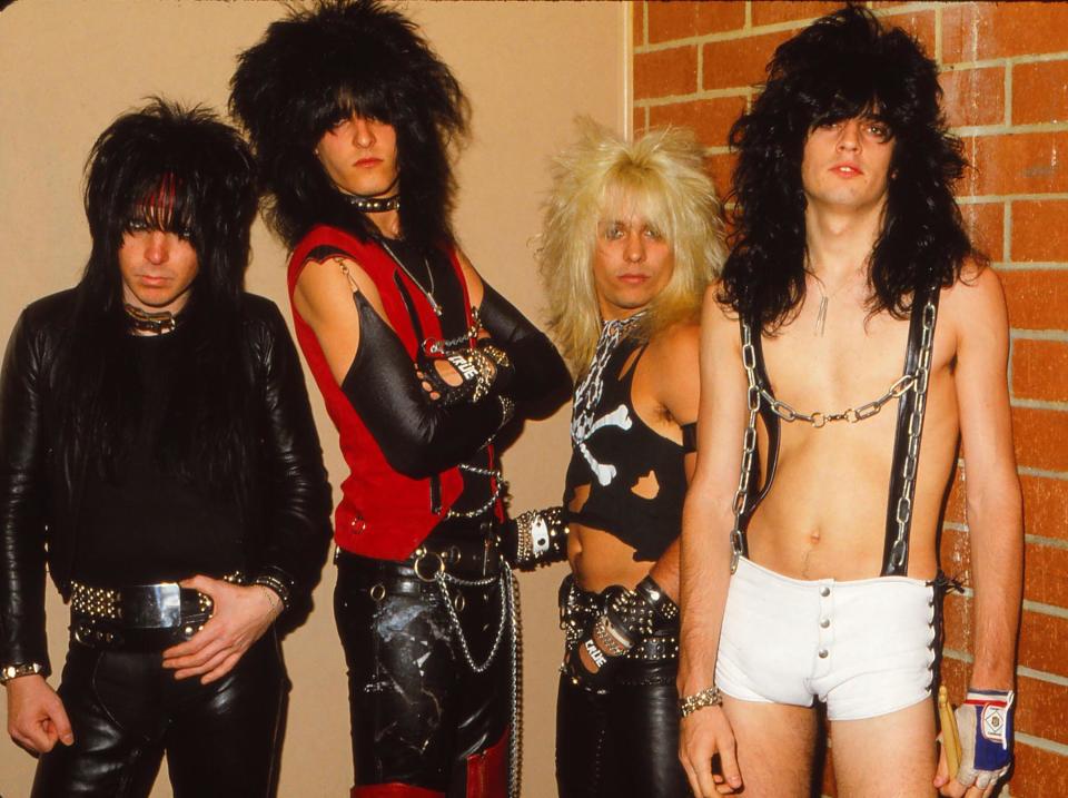 SAN FRANCISCO - April 19, 1982 - Motley Crue, in the band's second visit to the city, poses backstage April 19, 1982 at the Old Waldorf in San Francisco. Left to right: Mick Mars, Tommy Lee, Vince Neil, Nikki Sixx. (Photo by Randy Bachman/Getty Images)