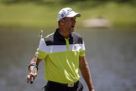 Robert Karlsson, of Sweden, reacts to his missed putt on the fourth hole during the final round of the Regions Tradition Champions Tour golf tournament Sunday, May 9, 2021, in Hoover, Ala. (AP Photo/Butch Dill)