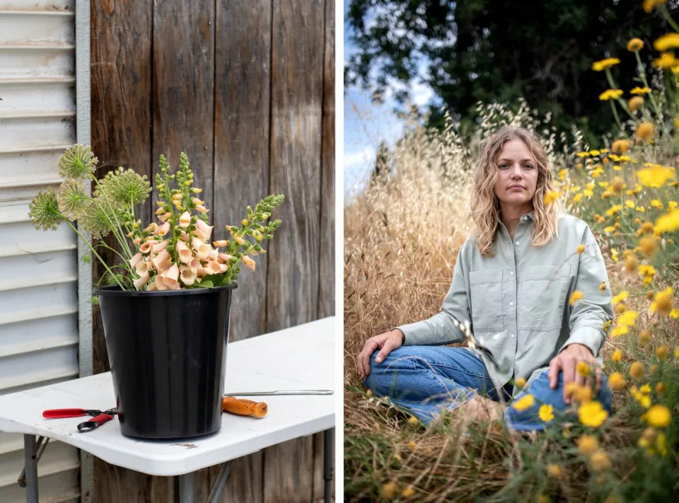 Foxgloves and yarrow, freshly cut in a bucket, left, and Rachel Nafis sitting in flowers.