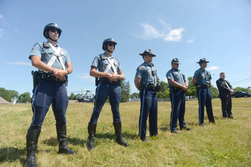 State police were on hand for a joint press conference at the Brockton Fairgrounds on Tuesday morning, June 28, 2022 to announce a major sweep targeting "open-air" drug dealers in Brockton.