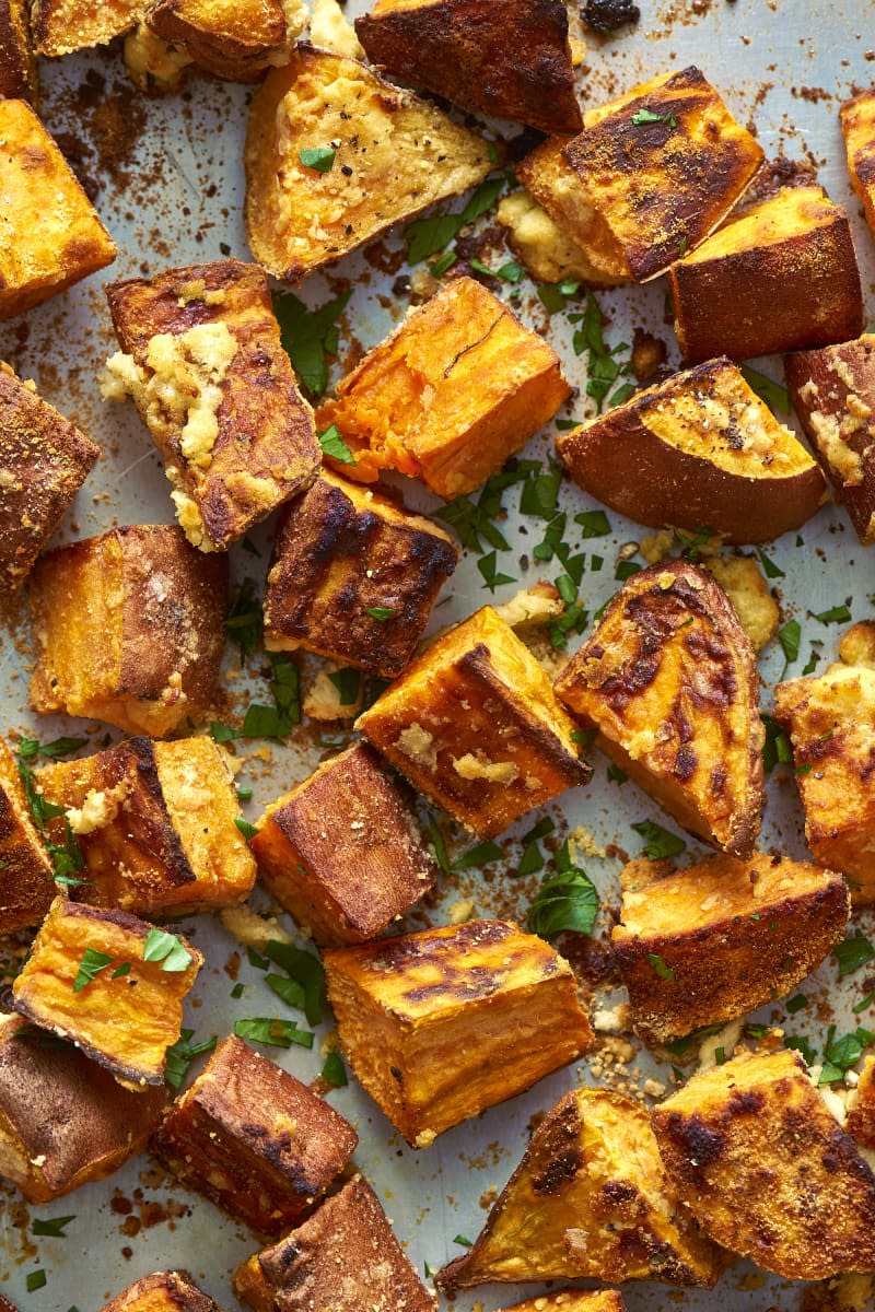 Garlicky Parmesan Sweet Potatoes