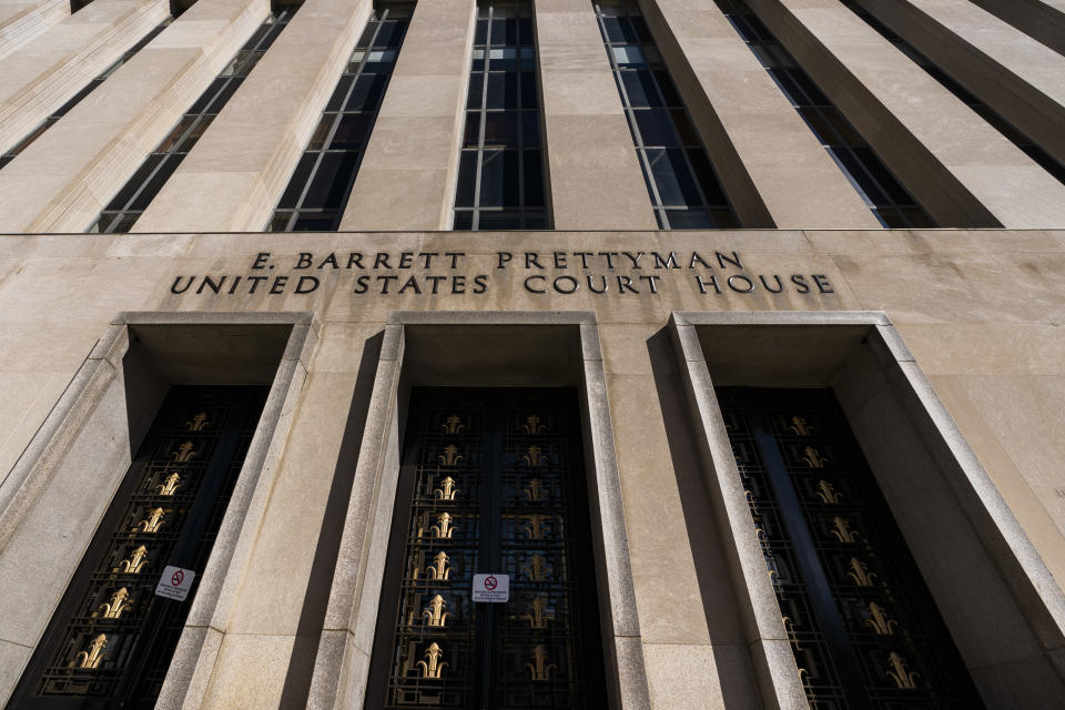 The entrance to the E. Barrett Prettyman United States Court House on Constitution Avenue NW, is seen, Friday, Oct. 9, 2020, in Washington. (AP Photo/Manuel Balce Ceneta)