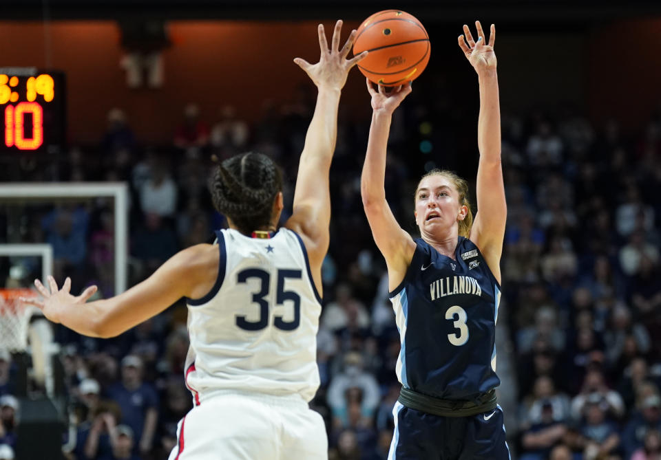 Mar 6, 2023; Uncasville, CT, USA; Villanova Wildcats guard Lucy Olsen (3) shoots against UConn Huskies guard Azzi Fudd (35) in the second half at Mohegan Sun Arena. David Butler II-USA TODAY Sports