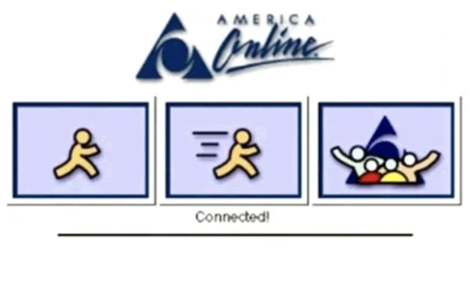 Three icons from America Online, including "Running Man" and "Connected" indicators. Text reads "Connected!"