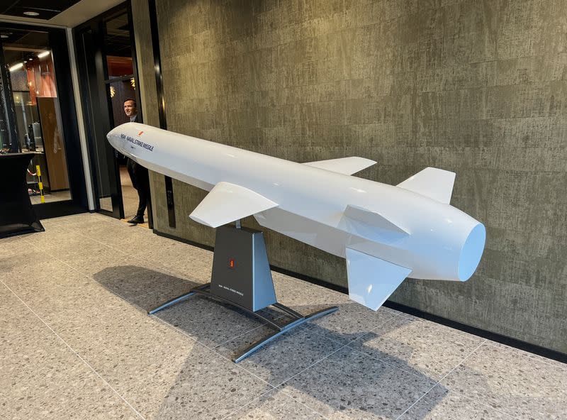 A model of the Naval Strike Missile, an anti-ship missile produced by Norway's Kongsberg, is showcased at the entrance of Kongsberg's new missile factory in Kongsberg