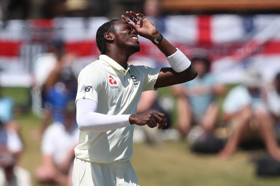 Englands Jofra Archer reacts after bowling during the forth day of the first cricket test between England and New Zealand at Bay Oval in Mount Maunganui, New Zealand on November 24, 2019. (Photo by MICHAEL BRADLEY / AFP) (Photo by MICHAEL BRADLEY/AFP via Getty Images)