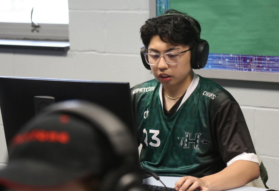 Danilo Lalo is a member of his team playing Valorant with his computer science teacher Jim McKowen as part of the Hopatcong High School esports team during an online  competition from their school in Hopatcong, NJ on March 23, 2023.