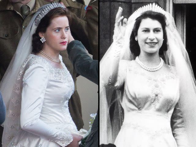 Photograp/Rex USA; Popperfoto/Getty Actress Claire Foy in character as Queen Elizabeth II on ‘The Crown’; Queen Elizabeth II waving to the public during her wedding to Prince Phillip at Westminster Abbey on Nov. 20, 1947.