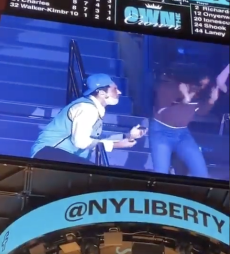 A fan’s proposal is rejected during a New York Liberty WNBA game on Friday, 17 September, 2021. (Twitter screen grab of user @416KLOW video)