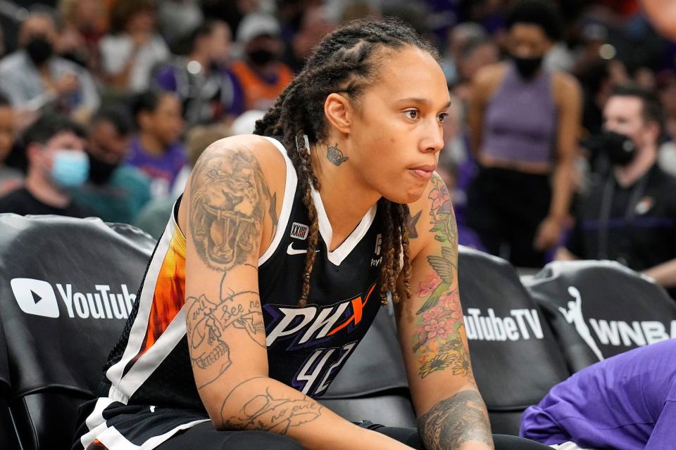 Phoenix Mercury center Brittney Griner sits during the first half of Game 2 of basketball's WNBA Finals against the Chicago Sky, Wednesday, Oct. 13, 2021, in Phoenix. Griner is easily the most prominent American citizen known to be jailed by a foreign government.