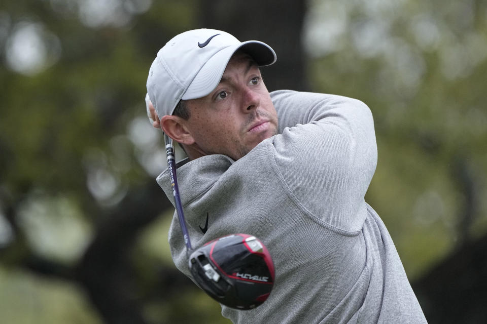 FILE - Rory McIlroy, of Northern Ireland, hits from the first tee during a practice round for the Dell Technologies Match Play Championship golf tournament in Austin, Texas, Tuesday, March 21, 2023. (AP Photo/Eric Gay, File)