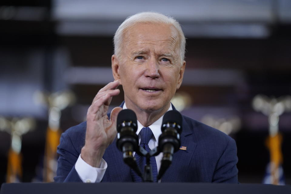 FILE - In this March 31, 2021, file photo President Joe Biden delivers a speech on infrastructure spending at Carpenters Pittsburgh Training Center in Pittsburgh. (AP Photo/Evan Vucci, File)