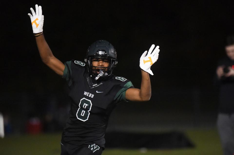 Webb's Brandon Winton (8) celebrates after scoring a touchdown in the Division II Class AA playoff football game between the Webb Spartans and the Davidson Academy Bears in Knoxville, Tenn. on Friday, November 12, 2021.