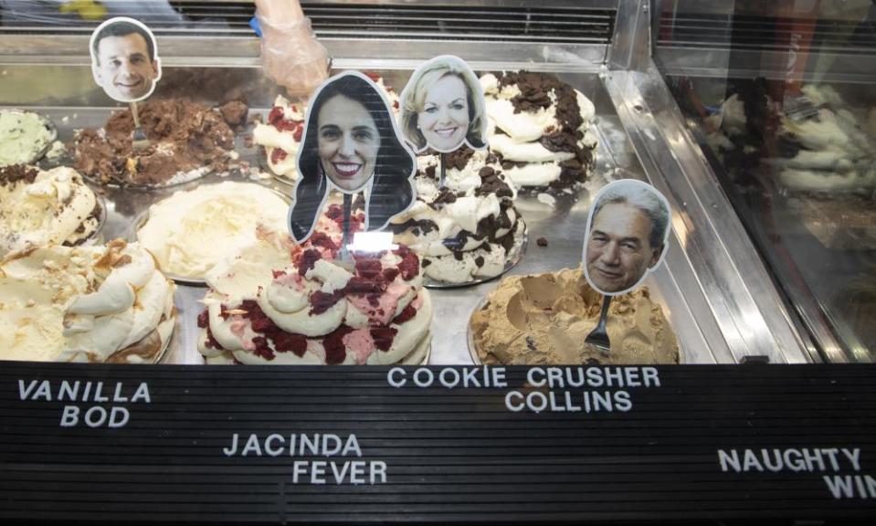 Icecream flavors named after Zealand political party leaders are displayed in a shop in Christchurch