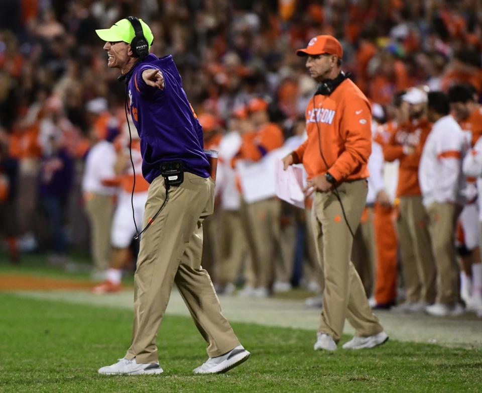 Clemson Defensive Coordinator Brent Venables and head coach Dabo Swinney during the fourth quarter at Memorial Stadium in Clemson, South Carolina Saturday, November 16, 2019.