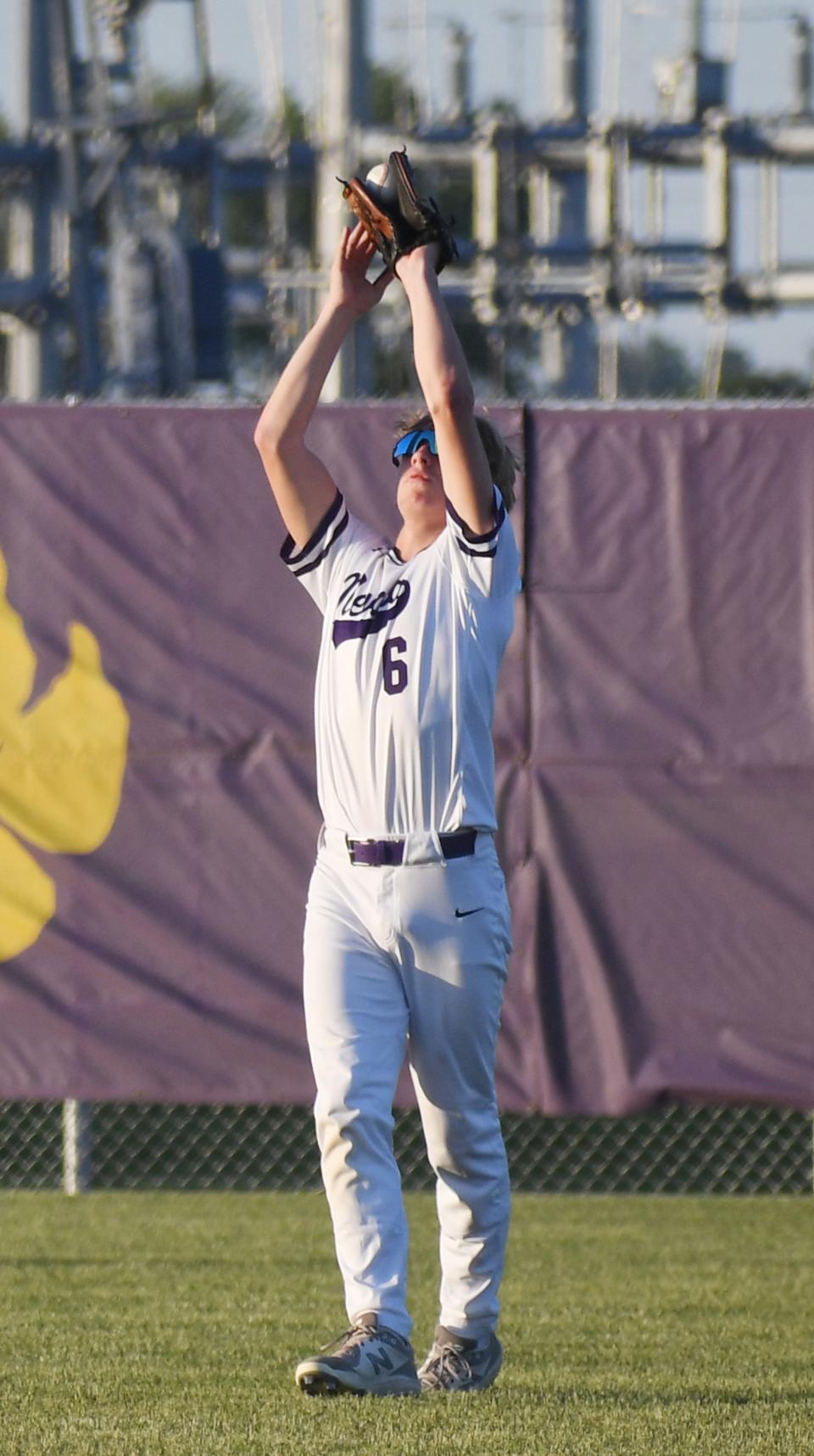 Nevada third base Caleb Kooiker catches a fly ball against Hampton-Dumont-CAL during the third inning of the Cubs' 10-7 loss Thursday, June 16, 2022, in Nevada, Iowa.