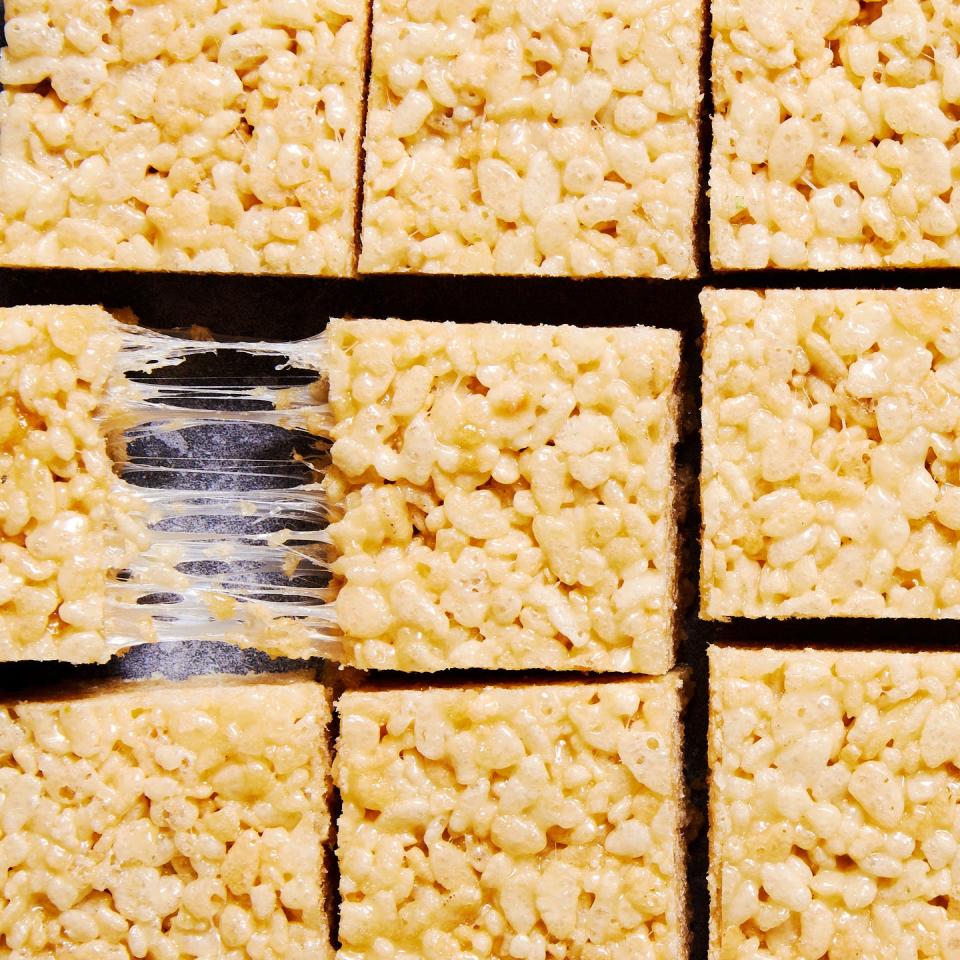 rice krispie treats stacked and in rows