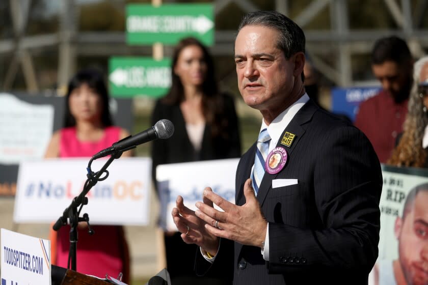 LA PALMA, CA - JANUARY 26: Orange County District Attorney Todd Spitzer host a press conference to kick off his re-election campaign at El Rancho Verde park on Wednesday, Jan. 26, 2022 in La Palma, CA. The DA's race, which has only two candidates-Todd Spitzer and former OC prosecutor Pete Hardin. (Gary Coronado / Los Angeles Times)