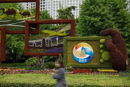 A woman walks past a flower arrangement set up to mark the upcoming Belt and Road Forum in Beijing, China April 19, 2019. REUTERS/Thomas Peter