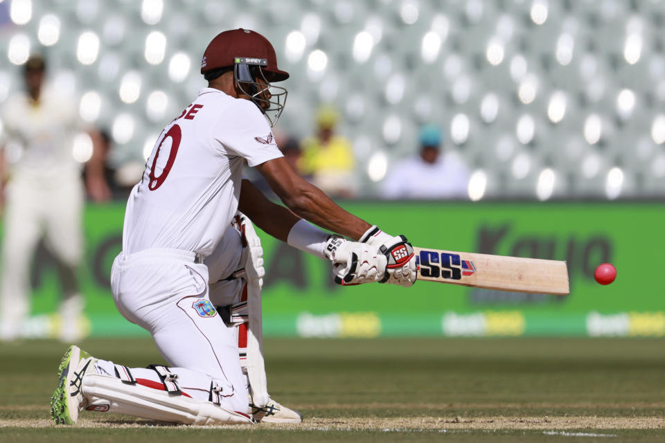 The West Indies' Roston Chase bats against Australia on the third day of their cricket test match in Adelaide, Saturday, Nov. 10, 2022. (AP Photo/James Elsby)