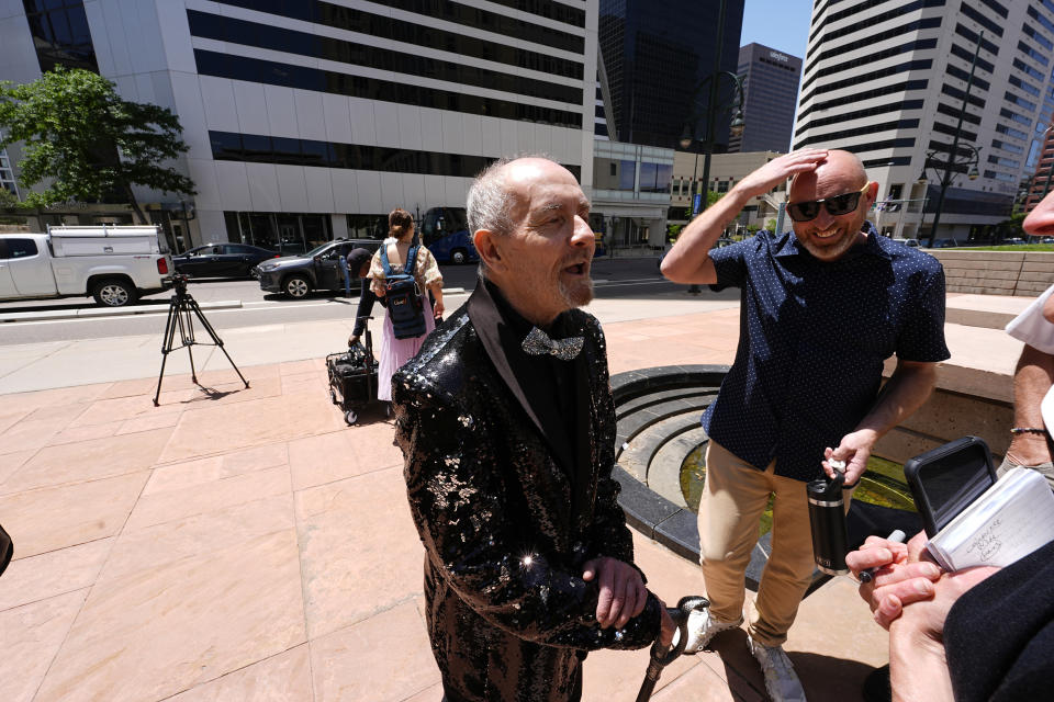 Ed Sanders speaks after the sentencing of Anderson Lee Aldrich, the shooter who killed five people and injured 19 others at an Colorado Springs, Colo., LGBTQ+ club, at a hearing in federal court Tuesday, June 18, 2024, in Denver. (AP Photo/David Zalubowski)