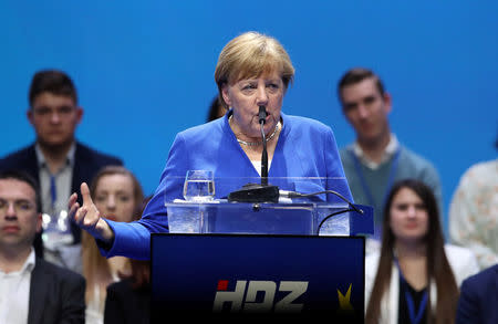 German Chancellor Angela Merkel speaks during the European People's Party (EPP) and the Croatian Democratic Union's (HDZ) campaign rally for the European Parliament elections in Zagreb, Croatia, May 18, 2019. REUTERS/Stringer