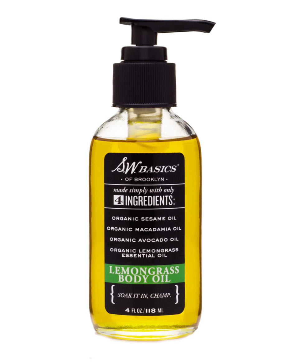 <p>Lemongrass Body Oil, $20, <a rel="nofollow noopener" href="https://store.swbasicsofbk.com/products/body-oil?_ga=1.17449149.522312931.1492462771&variant=1206567792" target="_blank" data-ylk="slk:store.swbasicsofbk.com;elm:context_link;itc:0;sec:content-canvas" class="link "><u>store.swbasicsofbk.com</u></a>. </p>