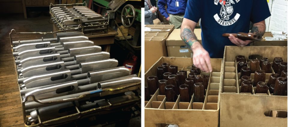 Model 870 shotgun receivers wait to be hand-buffed (left); an Ilion employee matches stock and forend wood for walnut-stocked 870s