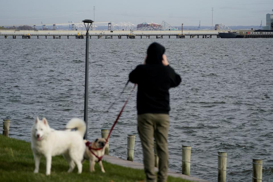 A man looks at the cargo ship that hit the Francis Scott Key Bridge