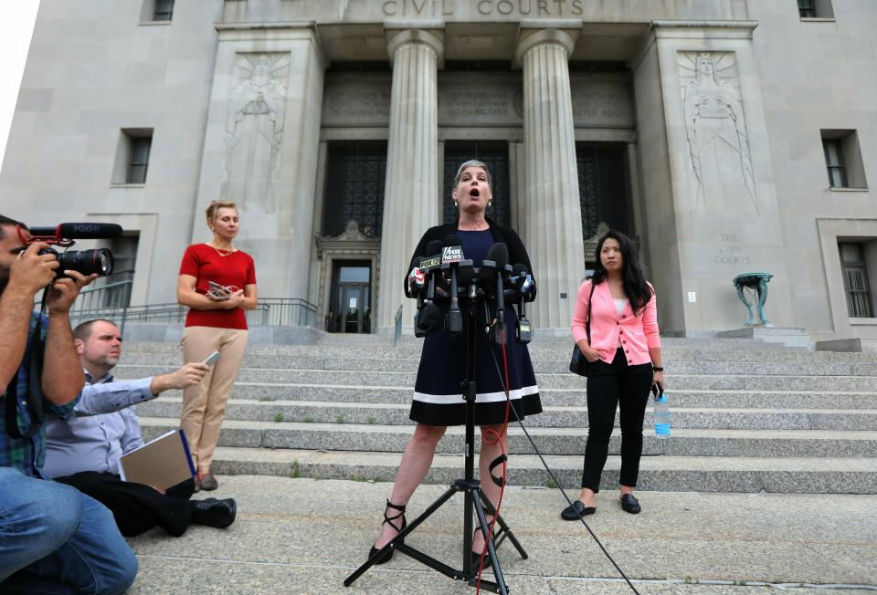 M’Evie Mead, director of Planned Parenthood Advocates of Missouri, speaks to the press on Friday, June 21, 2019, outside the Civil Courts building in St. Louis. Missouri's health department said on Friday that it won’t renew the abortion license for the state’s lone clinic, but the St. Louis Planned Parenthood affiliate will be allowed to temporarily perform the procedure under a court order. (Laurie Skrivan/St. Louis Post-Dispatch via AP)