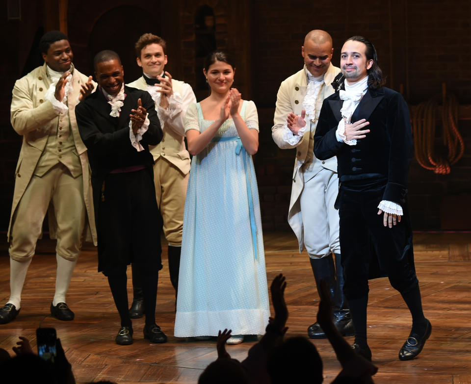 Lin-Manuel Miranda, right, takes his final performance curtain call at the Richard Rogers Theatre