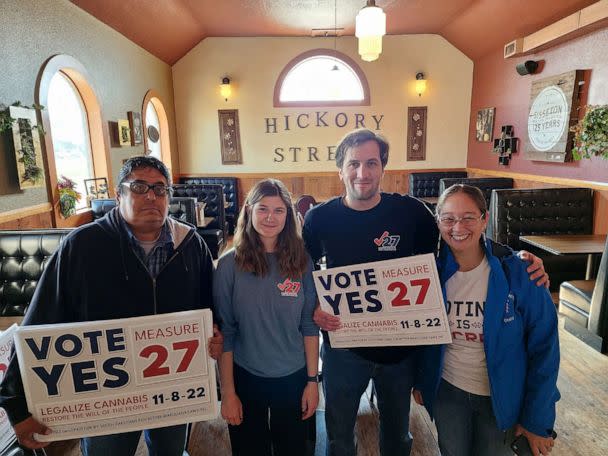 PHOTO: Yes on 27 campaign manager Matthew Schweich (second from right) and deputy campaign manager Quincy Hanzen (second from left) and two Measure 27 supporters at a campaign event in Sisseton, SD, located on the Lake Traverse Indian Reservation. (Matthew Schweich )