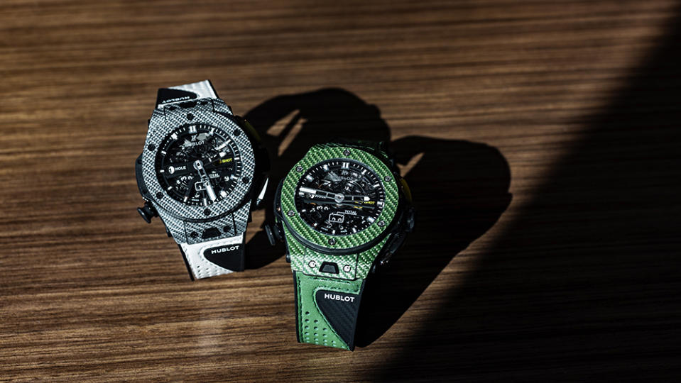 Hublot Big Bang Unico Golf (left) and Hublot Big Bang Unico Golf Green Carbon (right). - Credit: Saul Martinez