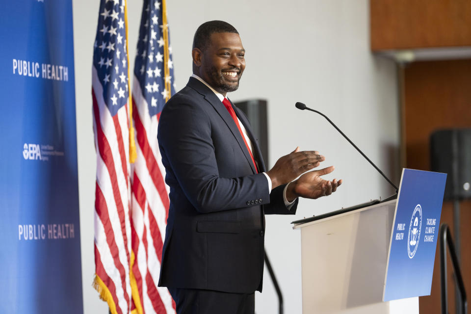 Environmental Protection Agency Administrator Michael Regan announces final standards to reduce pollution from power plants during an event at Howard University on Thursday, April 25, 2024, in Washington. (AP Photo/Kevin Wolf)