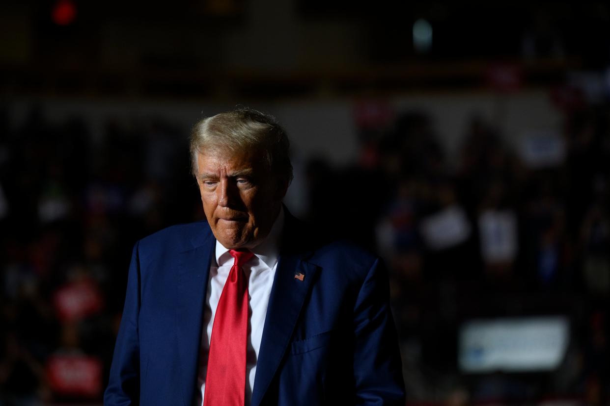 Donald Trump leaves the stage after addressing his supporters in Eerie, Pennsylvania, over the weekend (Getty)