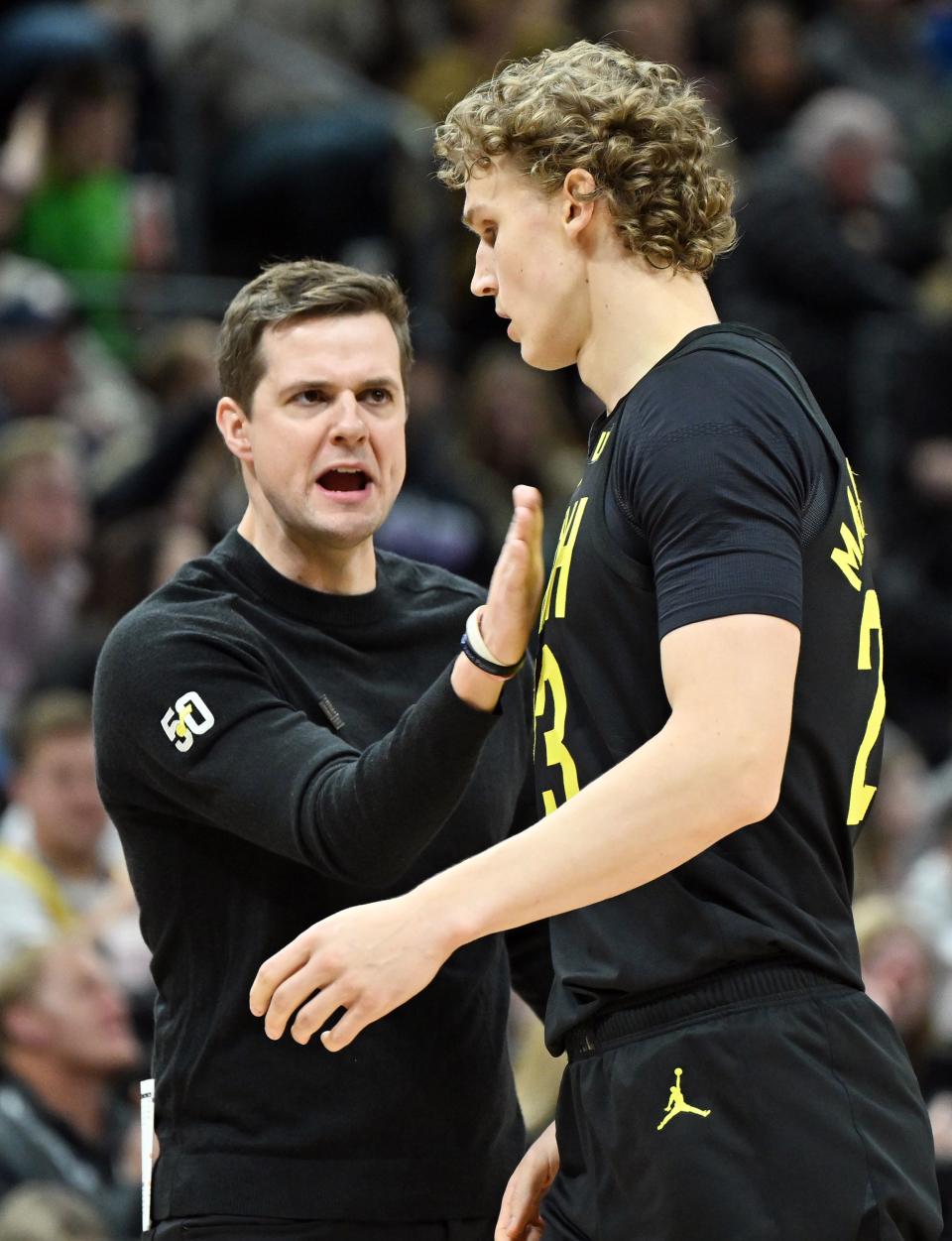 Utah Jazz Head Coach Will Hardy congratulates Utah Jazz forward Lauri Markkanen (23) as he comes off the floor at a timeout as the Jazz and Raptors play at the Delta Center in Salt Lake City on Friday, Jan. 12, 2024. | Scott G Winterton, Deseret News
