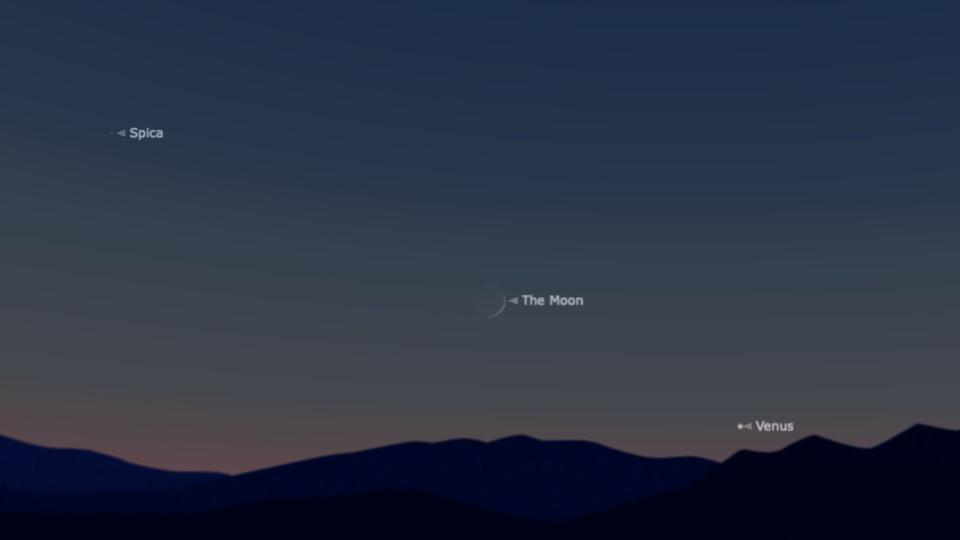 Graphical drawing showing Spica in the upper left corner, the Moon in the middle, and Venus in the lower right corner.