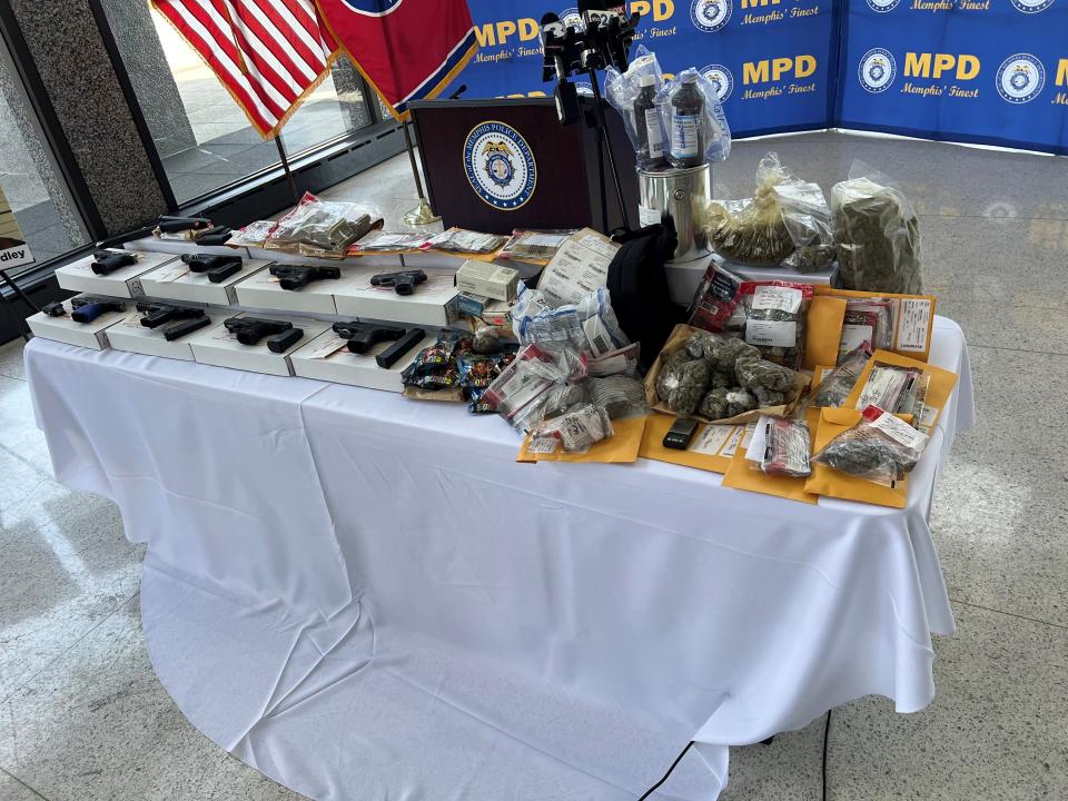 Prohibited items confiscated during Memphis Police Department investigation "It's okay Boyd" operation sitting on a table during a press conference on Tuesday, June 11, 2024. Cerelyn, acting head of the MPD "C.J." Davis announced 12 arrests Tuesday morning at MPD headquarters downtown.