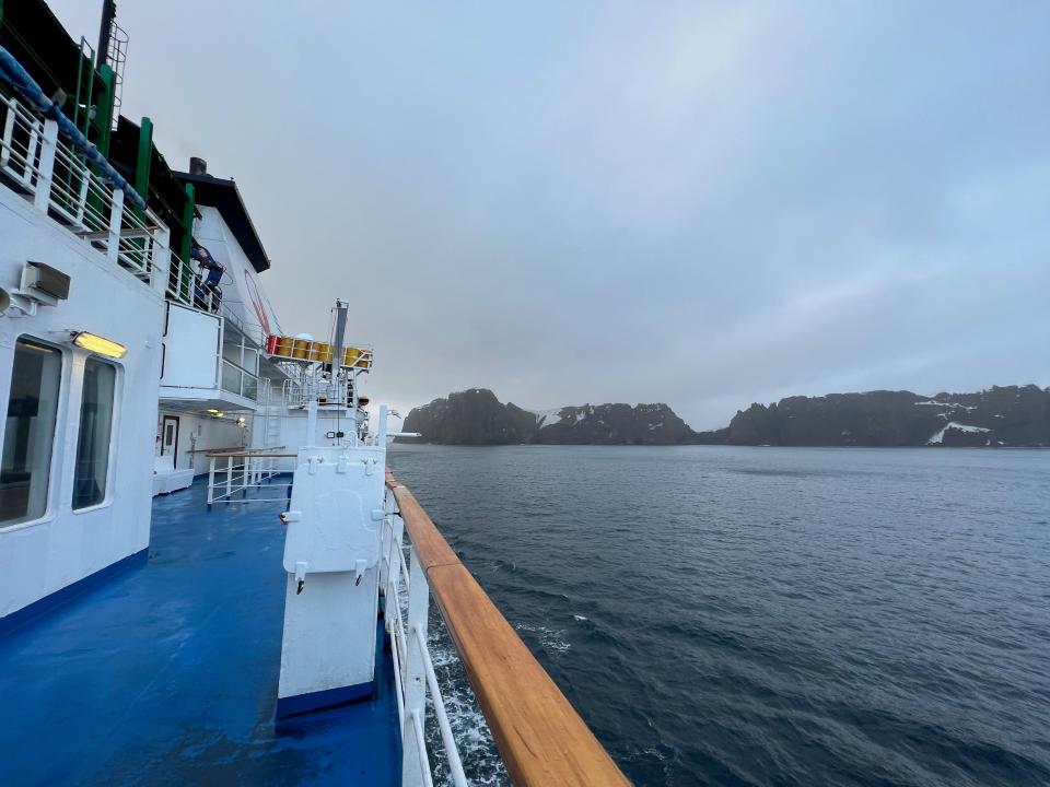 A view off the side of the Ocean Endeavour as it leaves Ushuaia.