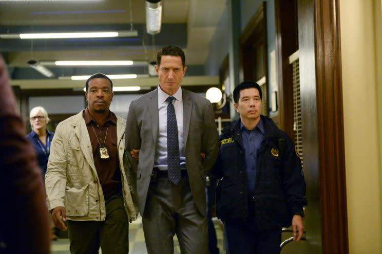 Russell Hornsby as Hank Griffin, Sasha Roiz as Sean Renard, and Reggie Lee as Sergeant Wu (Photo by: Allyson Riggs/NBC)