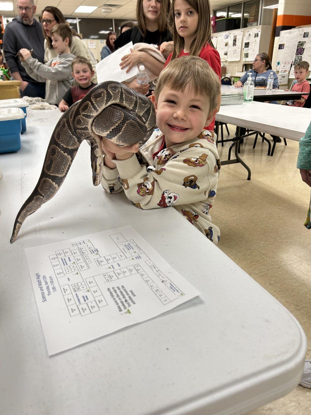 An elementary student holds a boa constrictor during an animal presentation at Williams Elementary School's annual Science and Math night.