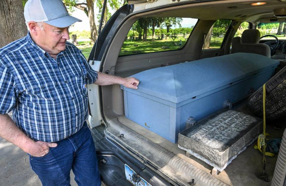 Barry Cummings of Molt, Montana gets ready to transport the remains of his uncle Eric Cummings to a family cemetery in Everton, Missouri after having the body exhumed on Wednesday, April 10, 2024. Eric Cummings died in a tragic shooting accident in Sanger in 1941 and had been buried at the Sanger Cemetery ever since.