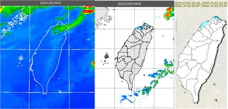 左圖：3日4:30紅外線雲圖顯示，北台灣有稀疏中高雲。中圖：雷達回波合成圖顯示，西北沿海有弱回波。右圖：累積雨量圖顯示，西北沿海有毛雨。