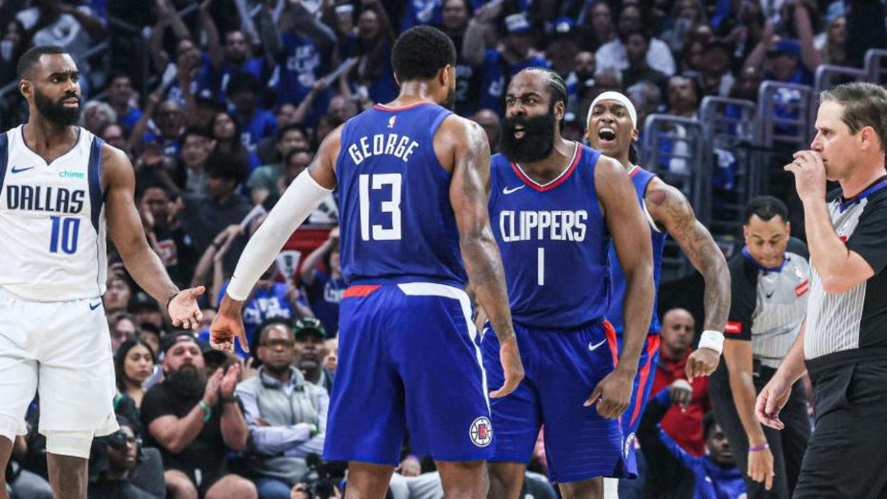 <div>LA Clippers guard James Harden (1) celebrates with Paul George (13) after hitting a shot against the Dallas Mavericks in game one of the NBA Western Conference playoffs at Crypto.Com Arena. (Robert Gauthier/Los Angeles Times via Getty Images)</div> <strong>(Getty Images)</strong>