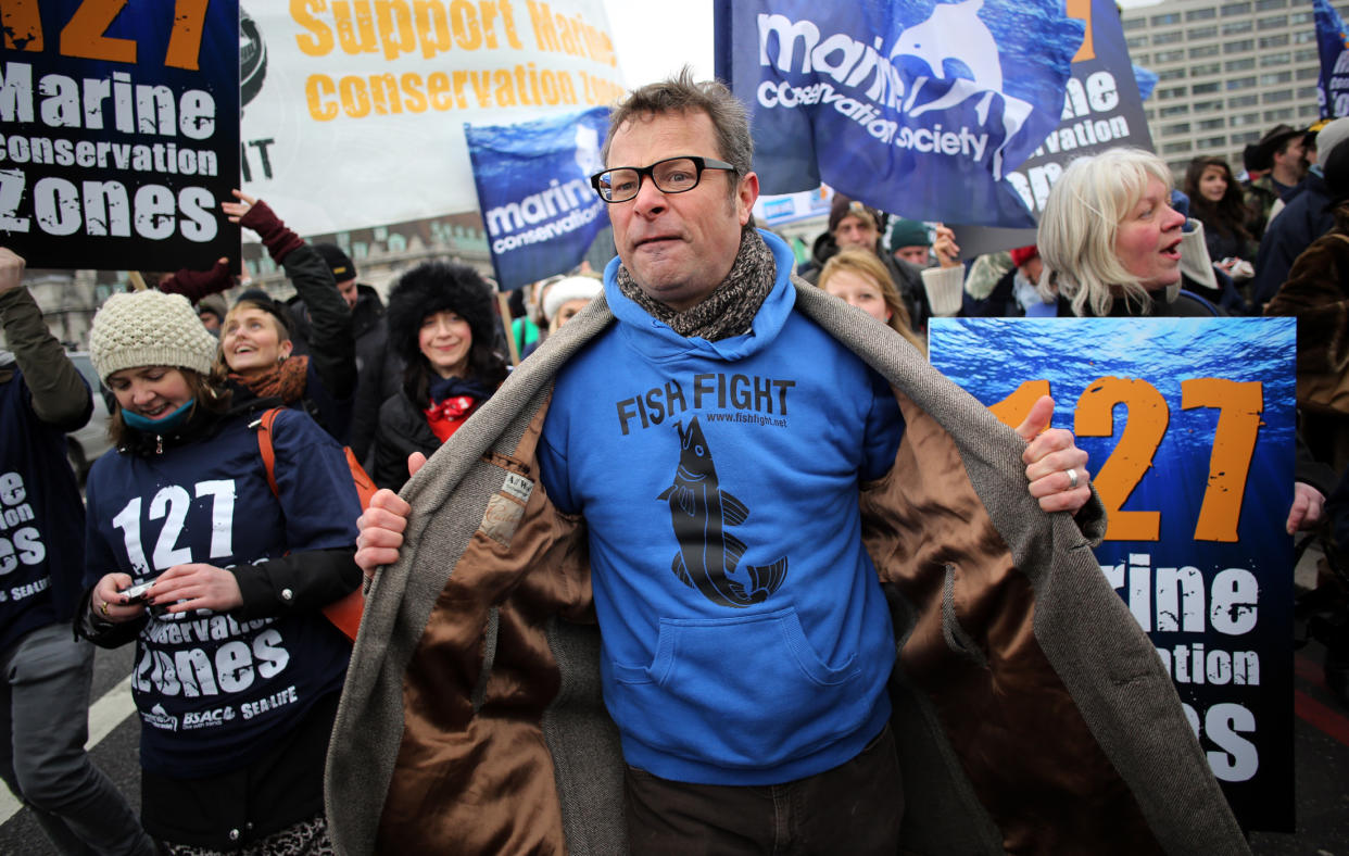 Hugh Fearnley-Whittingstall outside the Houses of Parliament in central London as the Marine Conservation Society joins forces with BSAC to call for a commitment by Government to protect the seas around the English coast.   (Photo by Sean Dempsey/PA Images via Getty Images)