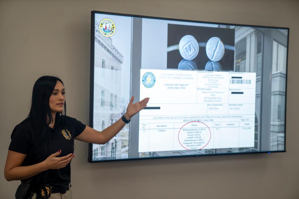Nov 22, 2023; Paramus, NJ, USA; Lt. Jennifer Rueda, of the Bergen County Prosecutor’s Office Narcotic Task Force, talks about the dangers of fake pills at the BCPO in Paramus.