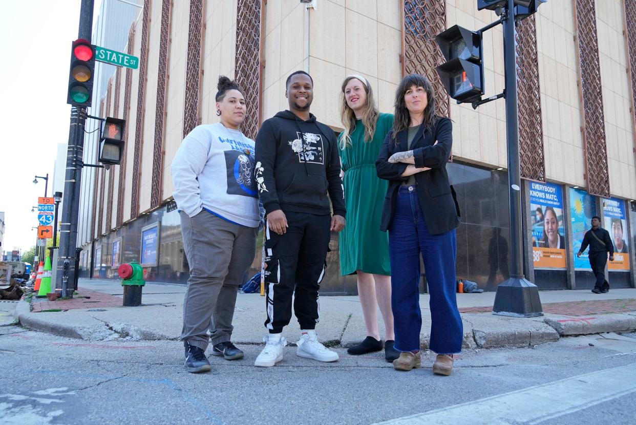 From left) Marz Ezeji, an MATC student and Changemaker Fellow with AFT/ Believe in Students, John Williams, an MATC student and Changemaker Fellow with AFT/ Believe in Students FAST Fund, Elsa Lysette, a student advocacy director with FAST Fund, and Liz Franczyk, executive director for FAST Fund and adjunct instructor at MATC stand outside Westown Green, MATC student housing on North King Drive, in Milwaukee on Wednesday, May 15, 2024. The students were part of the first-ever national fellowship cohort focused on teaching college students basic skills related to public advocacy and social justice and focused their project on improving conditions at Westown Green.
(Credit: Mike De Sisti / Milwaukee Journal Sentinel)